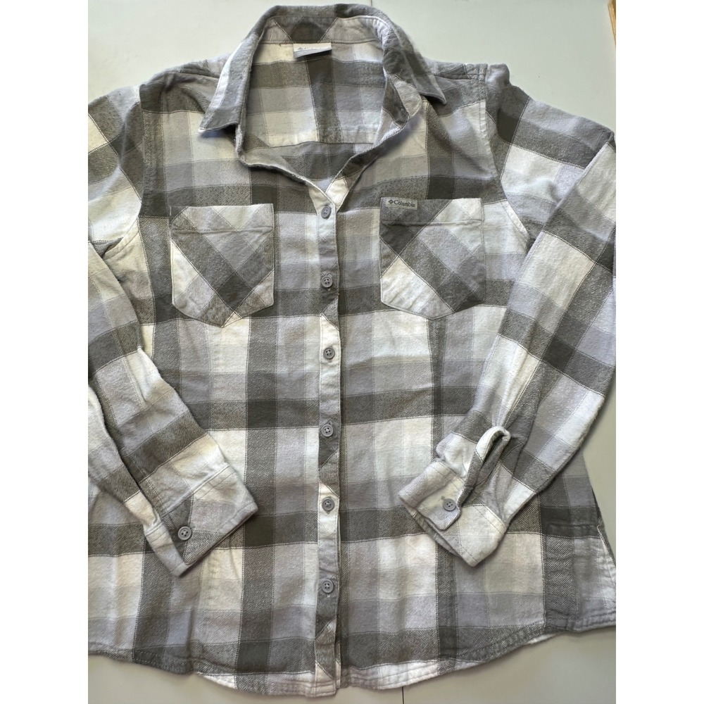 Columbia Womens Grey White Plaid Flannel Button Down Shirt XL0212 Size M